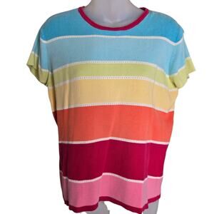 Talbots Womens Striped Sweater Large Short Sleeves 100% Cotton Multicolor